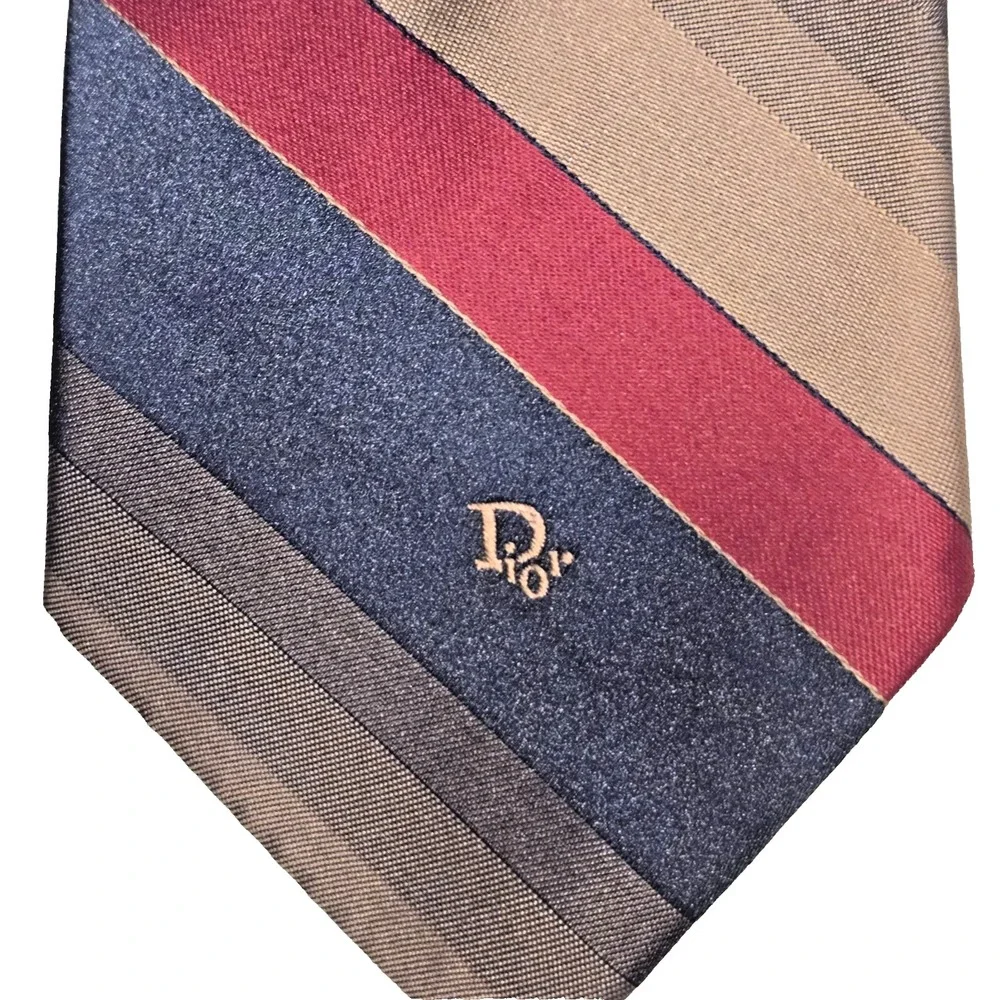 Christian Dior‎ Monsieur Tie USA Striped Burgundy Blue Brown Logo 57.3x3.3